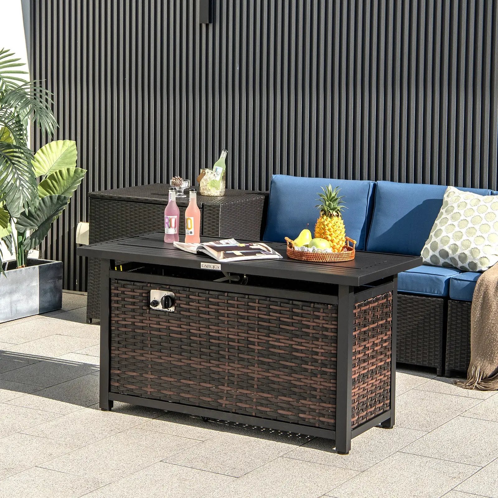 45 Inch Propane Rattan Firepit Table with Glass Stones and Protective Cover-Mixed Brown by DirectDeals