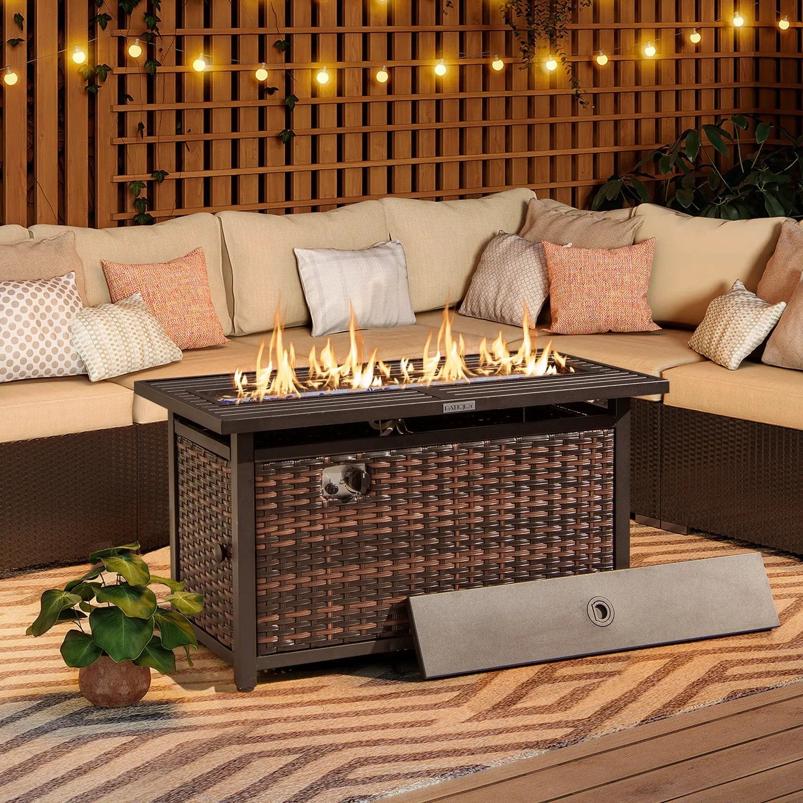 45 Inch Propane Rattan Firepit Table with Glass Stones and Protective Cover-Mixed Brown by DirectDeals