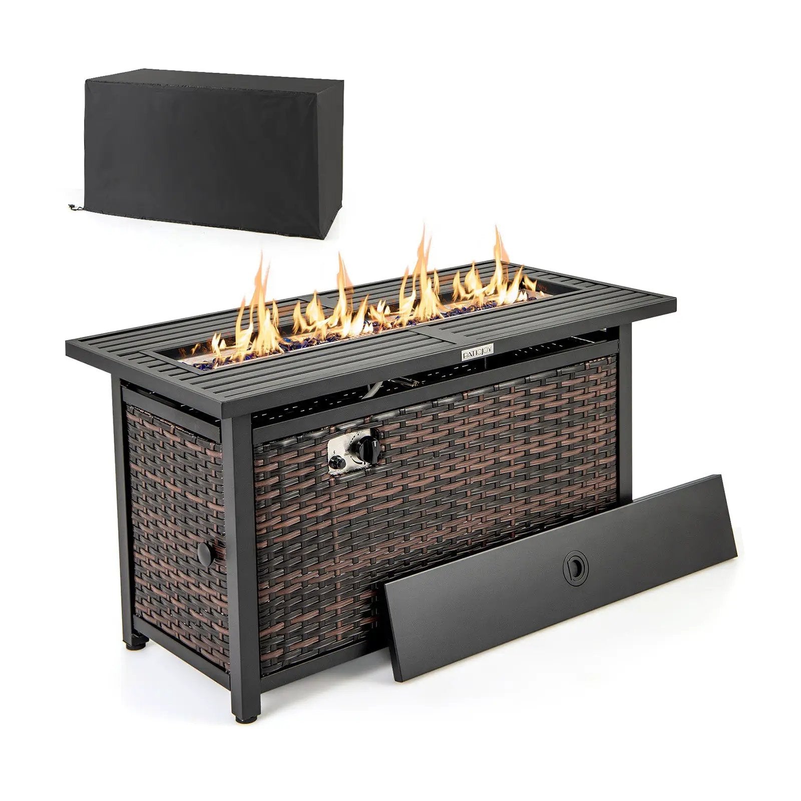 45 Inch Propane Rattan Firepit Table with Glass Stones and Protective Cover-Mixed Brown by DirectDeals
