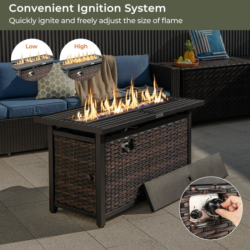 45 Inch Propane Rattan Firepit Table with Glass Stones and Protective Cover-Mixed Brown by DirectDeals