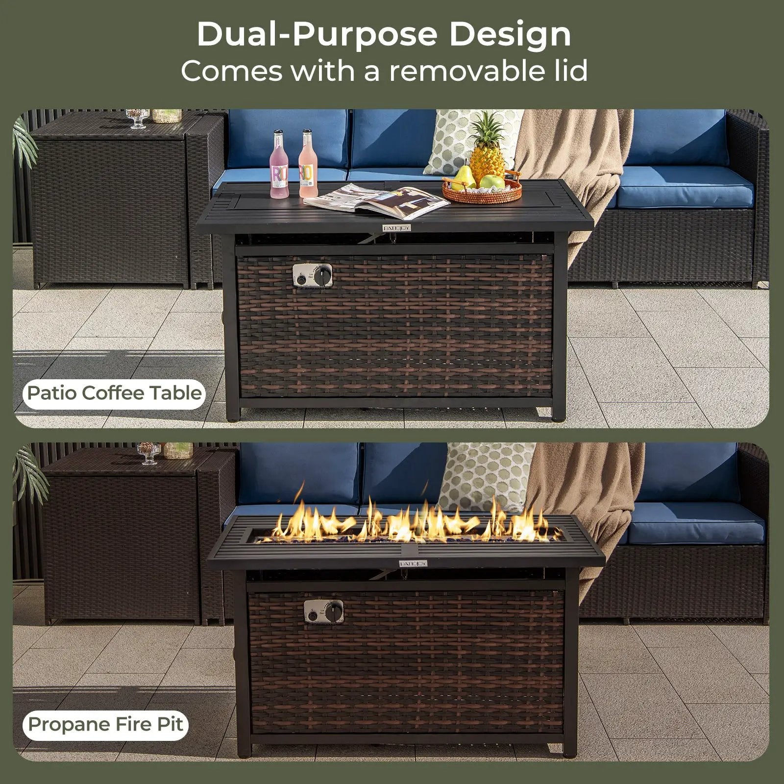 45 Inch Propane Rattan Firepit Table with Glass Stones and Protective Cover-Mixed Brown by DirectDeals