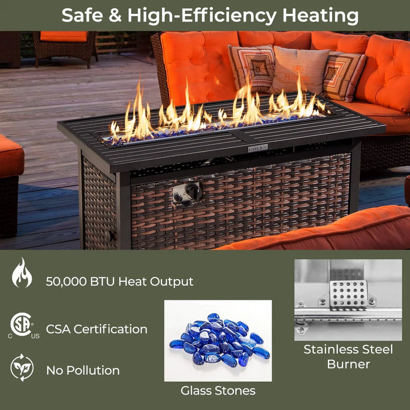 45 Inch Propane Rattan Firepit Table with Glass Stones and Protective Cover-Mixed Brown by DirectDeals