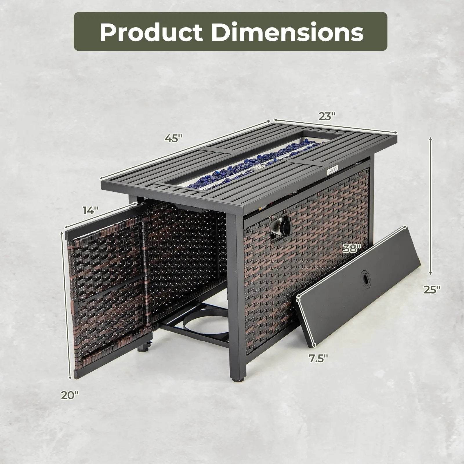 45 Inch Propane Rattan Firepit Table with Glass Stones and Protective Cover-Mixed Brown by DirectDeals