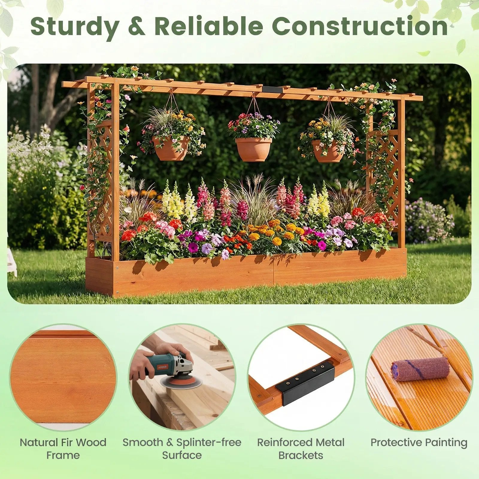 45 Inch Tall Wooden Raised Garden Bed with Side Trellis and Hanging Roof Drainage Holes by DirectDeals