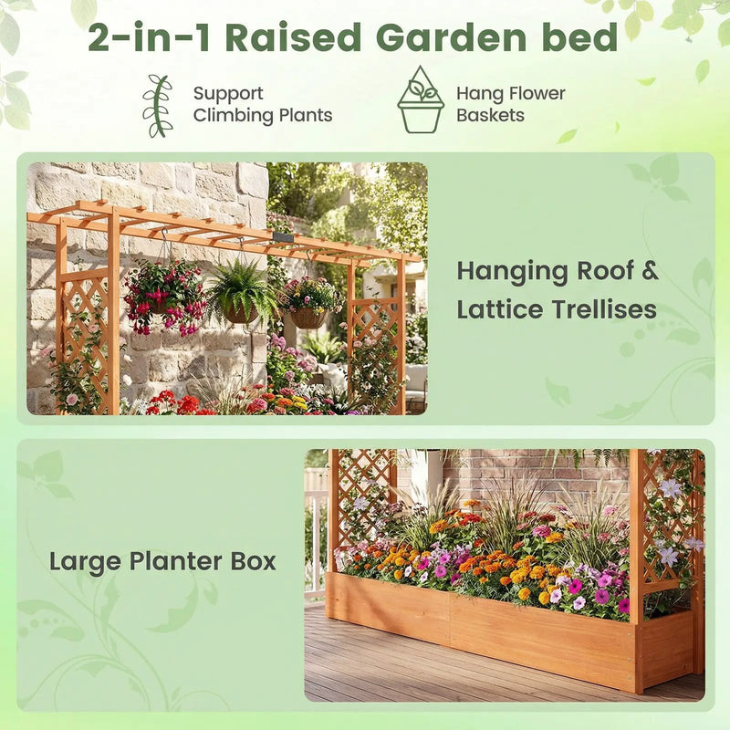 45 Inch Tall Wooden Raised Garden Bed with Side Trellis and Hanging Roof Drainage Holes by DirectDeals