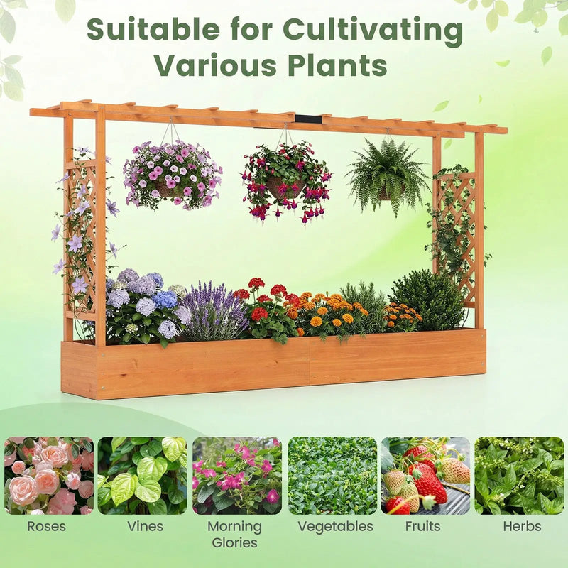 45 Inch Tall Wooden Raised Garden Bed with Side Trellis and Hanging Roof Drainage Holes by DirectDeals