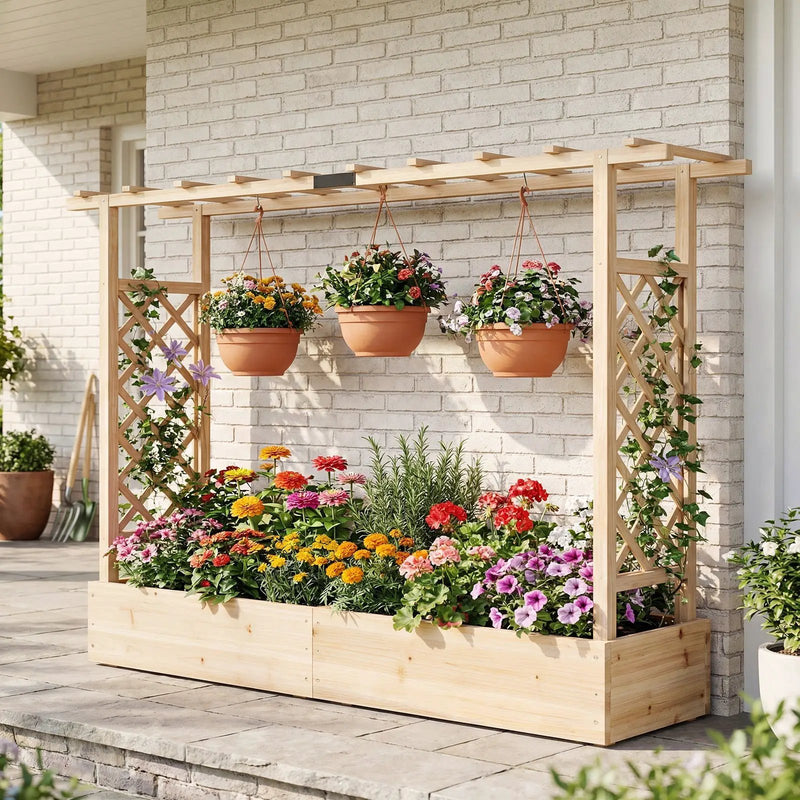 45 Inch Tall Wooden Raised Garden Bed with Side Trellis and Hanging Roof Drainage Holes by DirectDeals