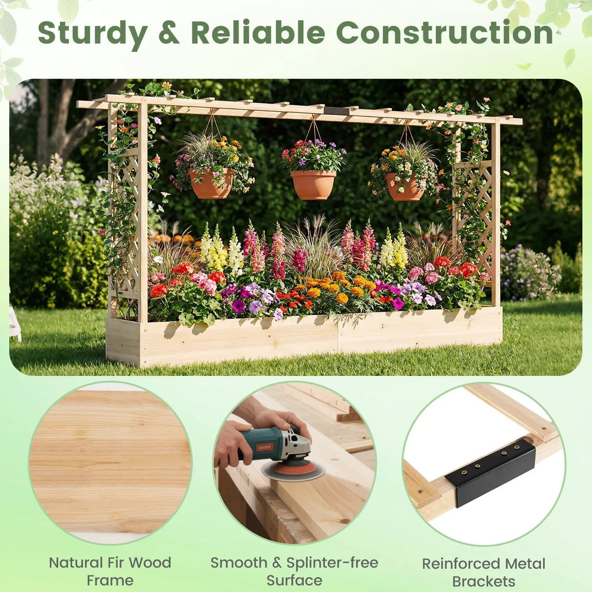 45 Inch Tall Wooden Raised Garden Bed with Side Trellis and Hanging Roof Drainage Holes, photo 5 of 16