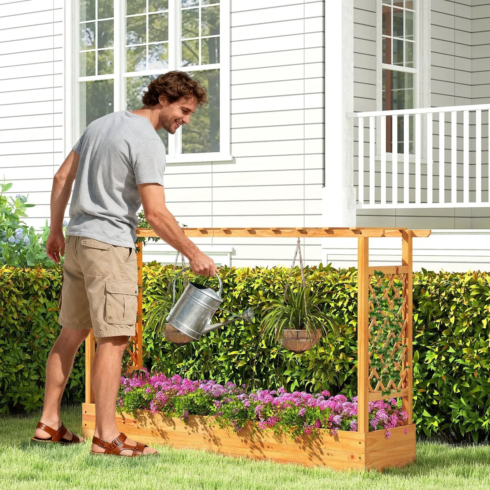 45 Inch Wooden Raised Garden Bed with Lattice Trellis for Outdoor-Natural by DirectDeals