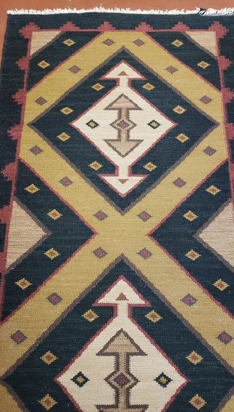 Vintage Indian Kilim Runner Rug, Geometric Flatweave Hand-Knotted Wool Kitchen Hallway Runner, Black Gold & Beige, 2' 8" x 9' 9" by Jewel Rugs