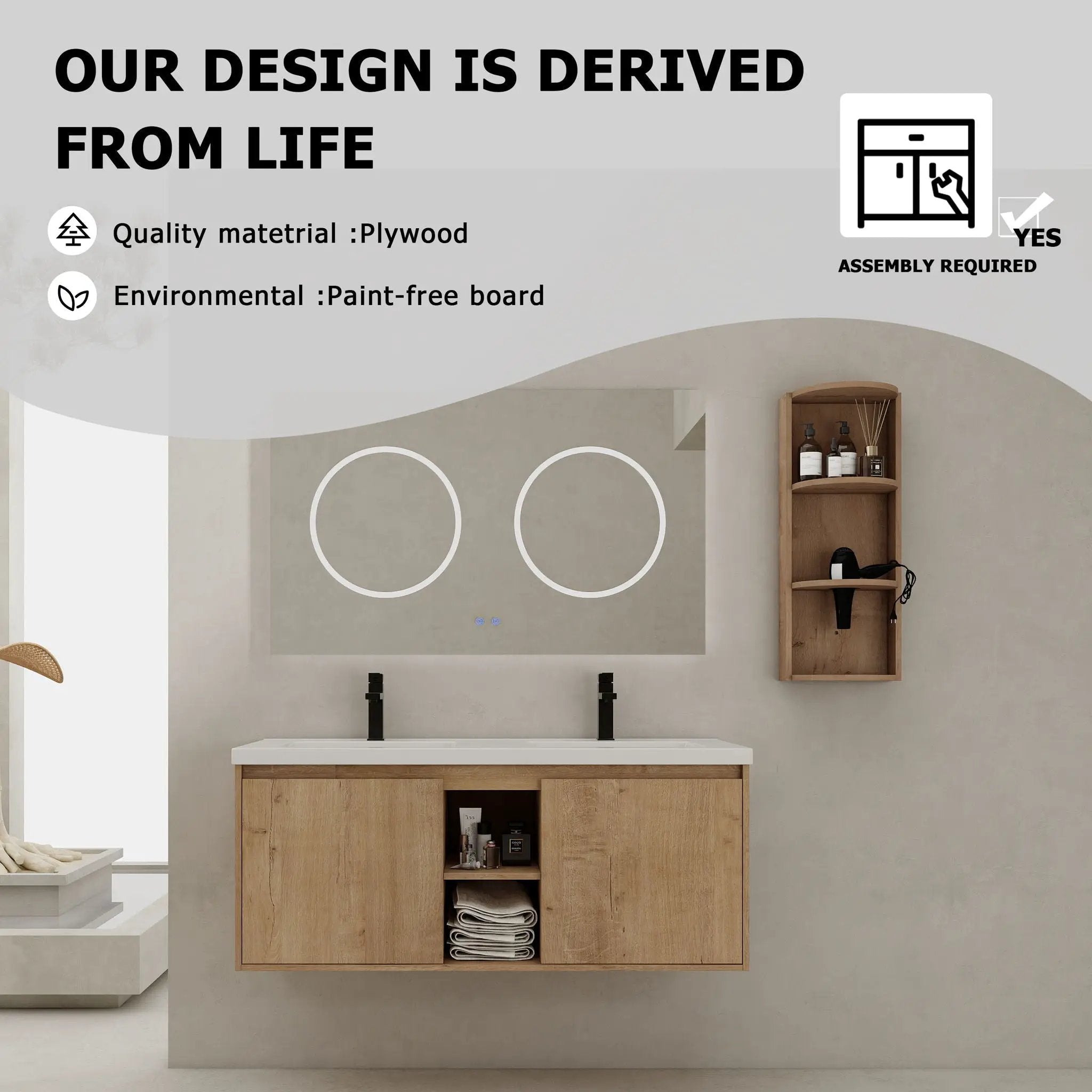 48" Wall Mounted Bathroom Vanity With Double Resin Sink And Storage Rack Soft Close Doors Plywood Construction - Imitative Oak by Unique Piece Furniture