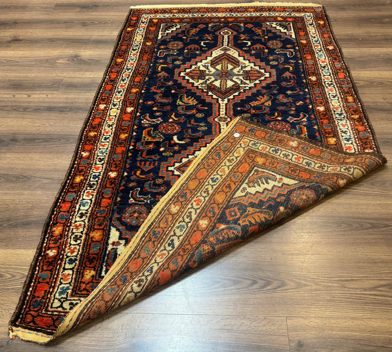 Antique Persian Hamadan Rug 4x6, Geometric, Double Medallions, Navy Blue, Tribal Carpet by Jewel Rugs