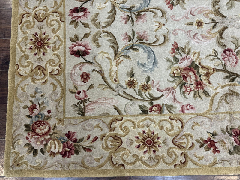 Aubusson Rug 8x10, French European Design, Vintage Handmade Wool Carpet, Aubusson Rug with Pile, Floral by Jewel Rugs