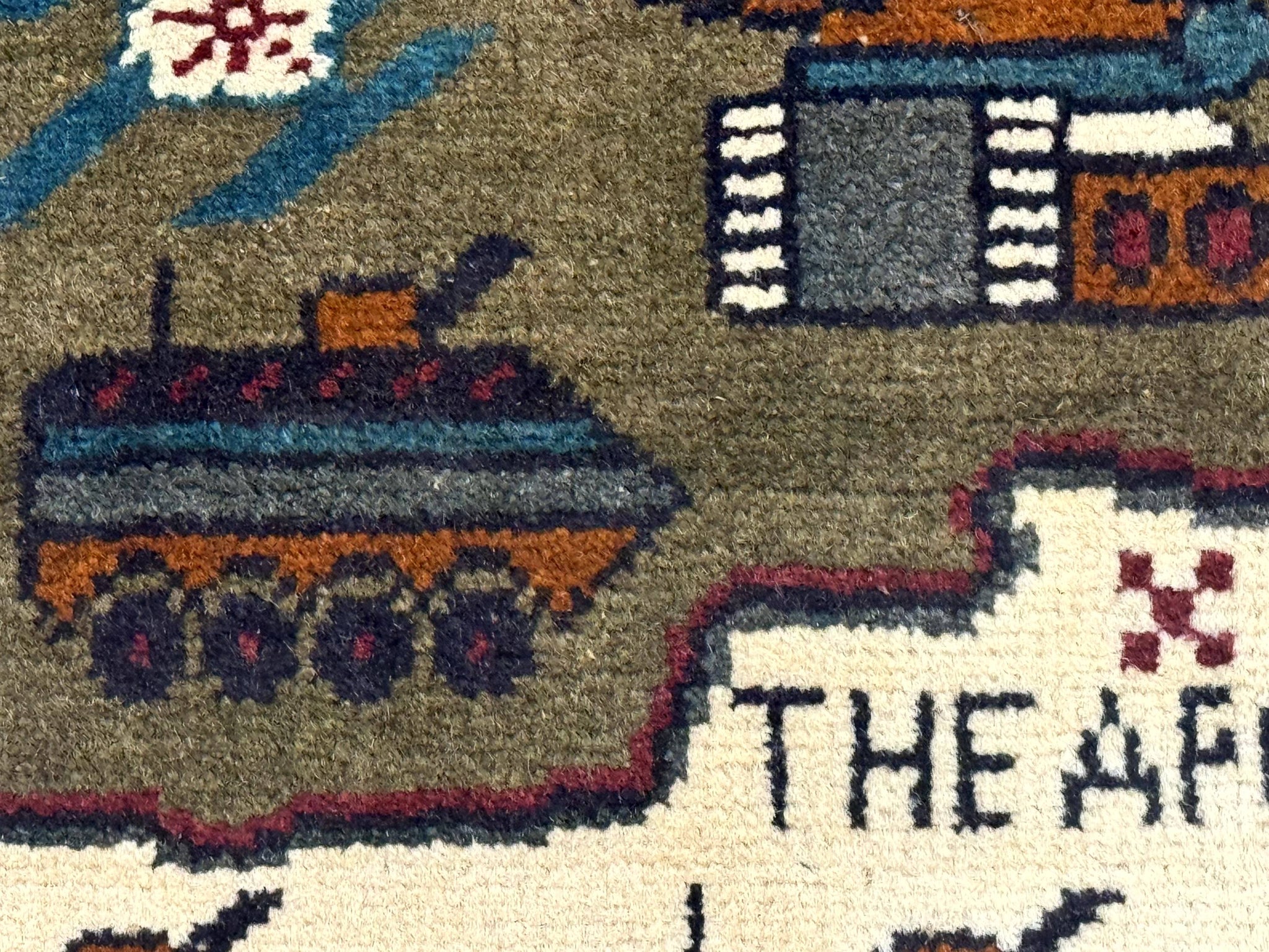 Afghan War Rug, Helicopters Tanks Guns, Handmade, Wool, 2x3 by Jewel Rugs