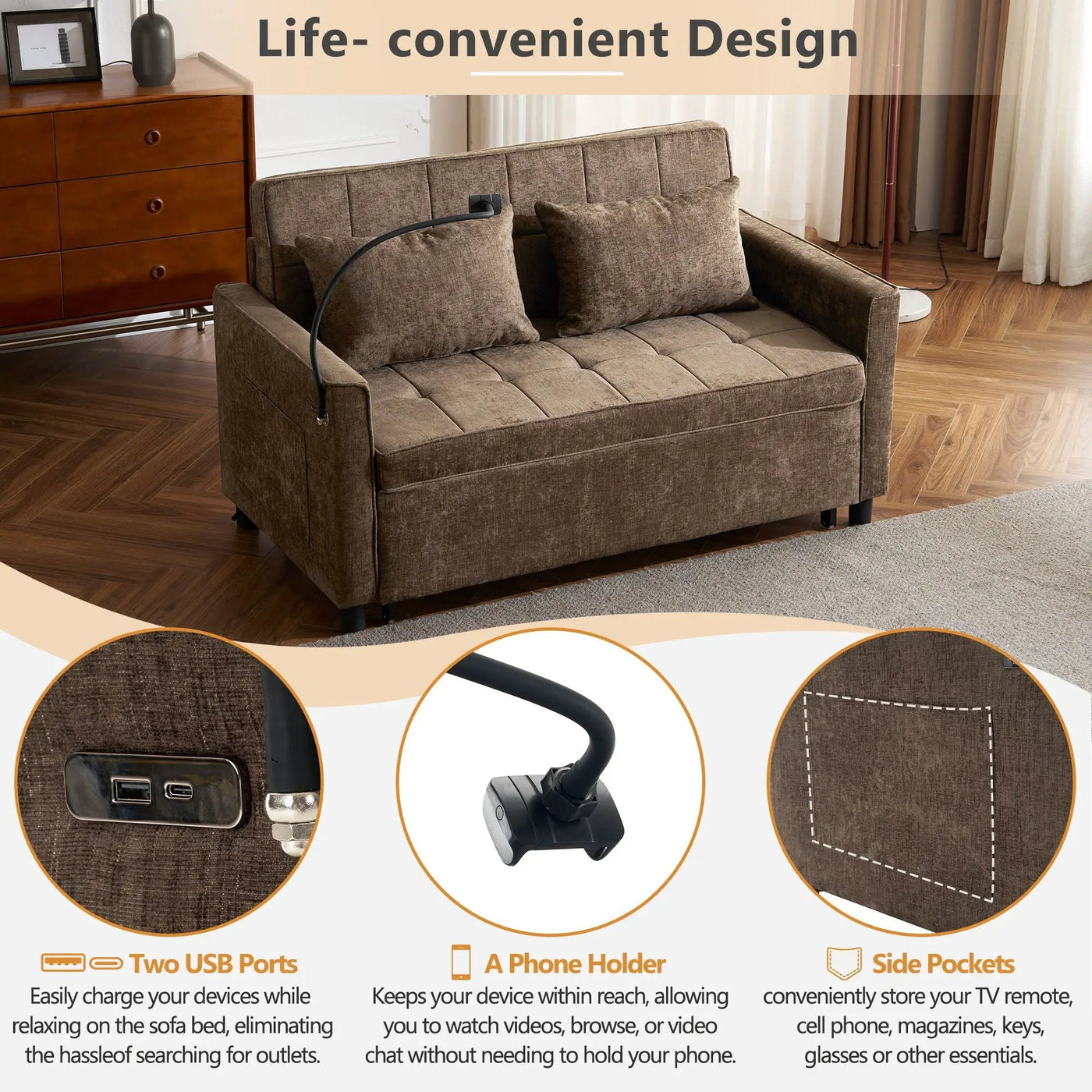 Pull-Out Sleeper Sofa With Reversible Backrest Cushion, Side Pockets, 2 USB Ports And A Phone Holder For Living Room by HouseOfZazla