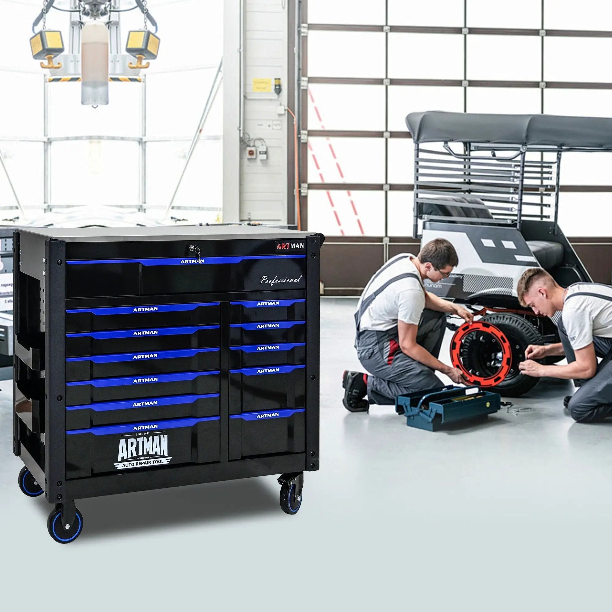 12 Layer Drawer Multi Purpose Tool Cart With Wheels And Iron Top - Black / Blue by HouseOfZazla