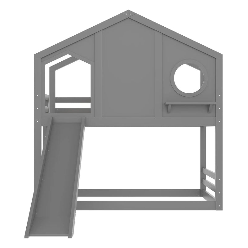 Twin House Bunk Bed with Slide and Storage Shelves by HouseOfZazla