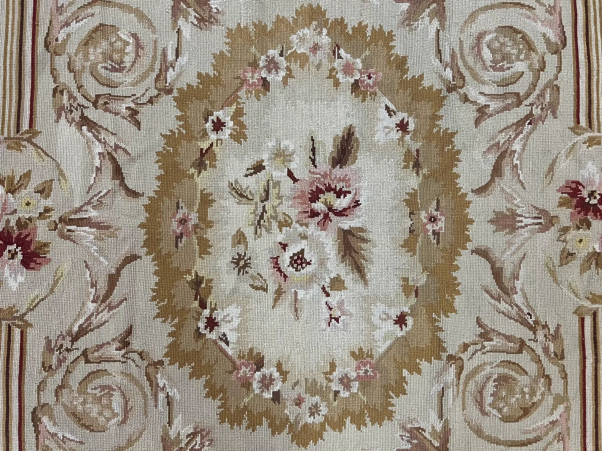 Aubusson Needlepoint Rug 4x5 ft, Beige and Tan, Aubusson Savonnerie Vintage Carpet, Handwoven Handmade Wool Rug, European Design Floral Rose by Jewel Rugs