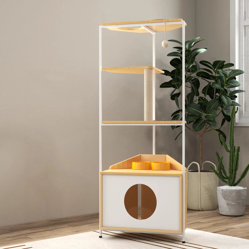 Corner Cat Tower, Cat Tree With Scratching Post, Cat Condo With Feeding Station And Climbing Platforms, Pet Furniture For Indoor Cats - White / Light Oak by HouseOfZazla