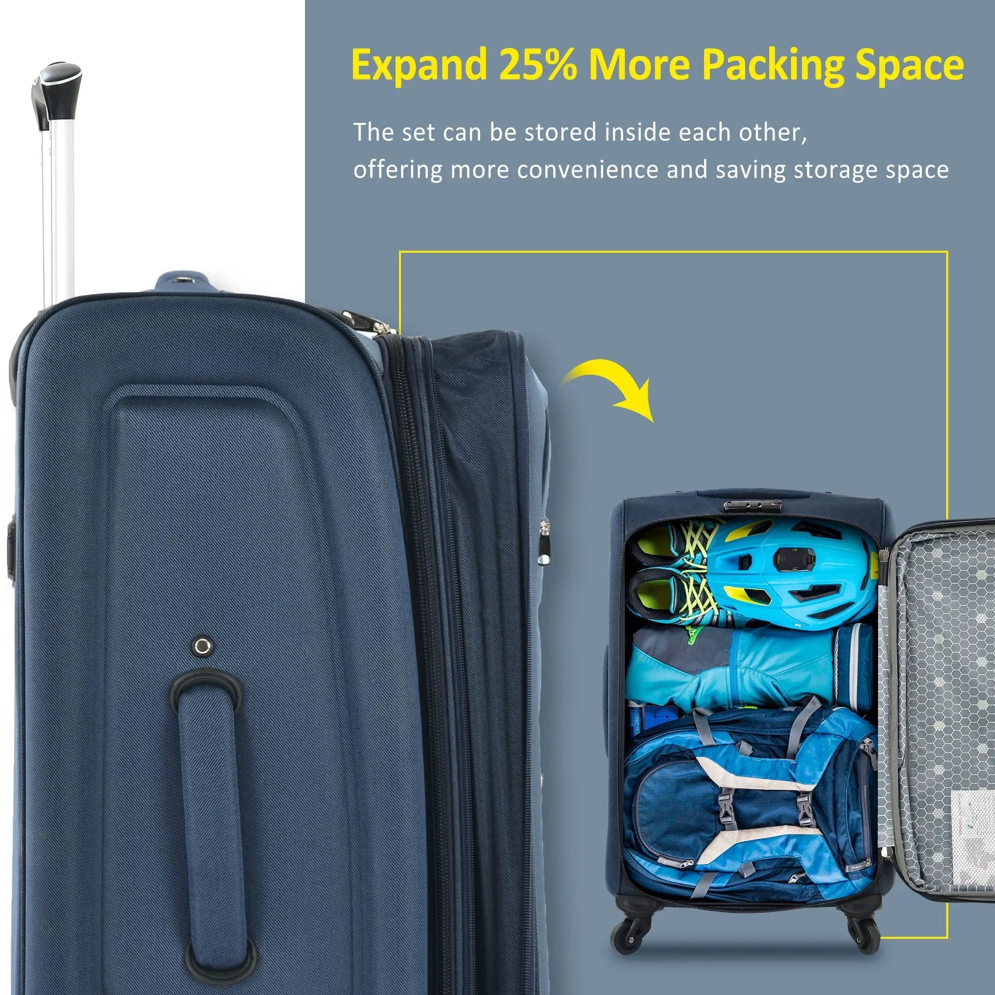 Softside Luggage Expandable 3 Piece Set Suitcase Upright Spinner Softshell Lightweight Luggage Travel Set - Dark Blue by HouseOfZazla