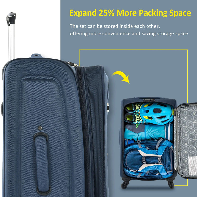 Softside Luggage Expandable 3 Piece Set Suitcase Upright Spinner Softshell Lightweight Luggage Travel Set - Dark Blue by HouseOfZazla