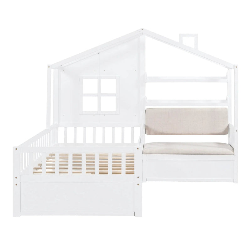 House Bed With Sofa, Kids Platform Bed With 2 Drawers And Storage Shelf by Unique Piece Furniture
