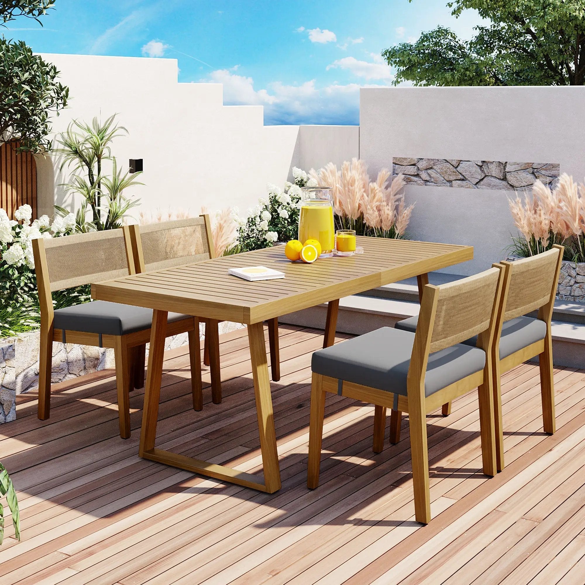 U_Style Multi-Person Outdoor Acacia Wood Dining Table and Chair Set by HouseOfZazla