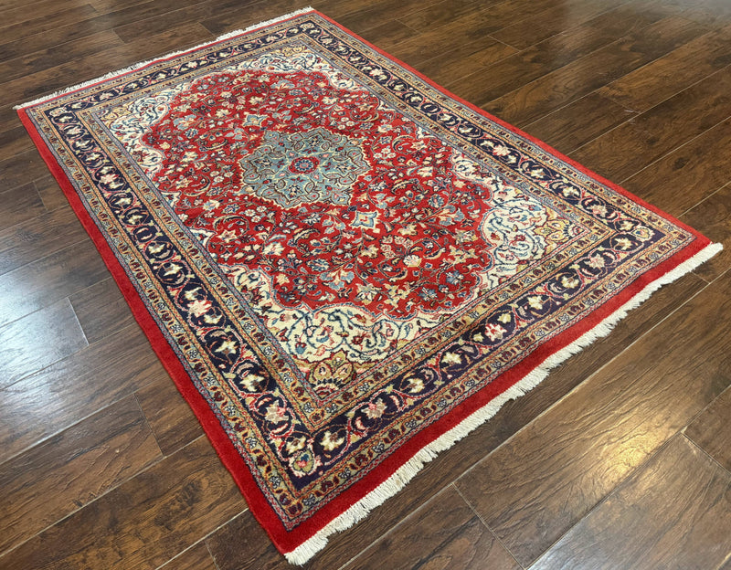Persian Sarouk Rug 4x7, Red Navy Blue Vintage Wool Medallion Carpet by Jewel Rugs