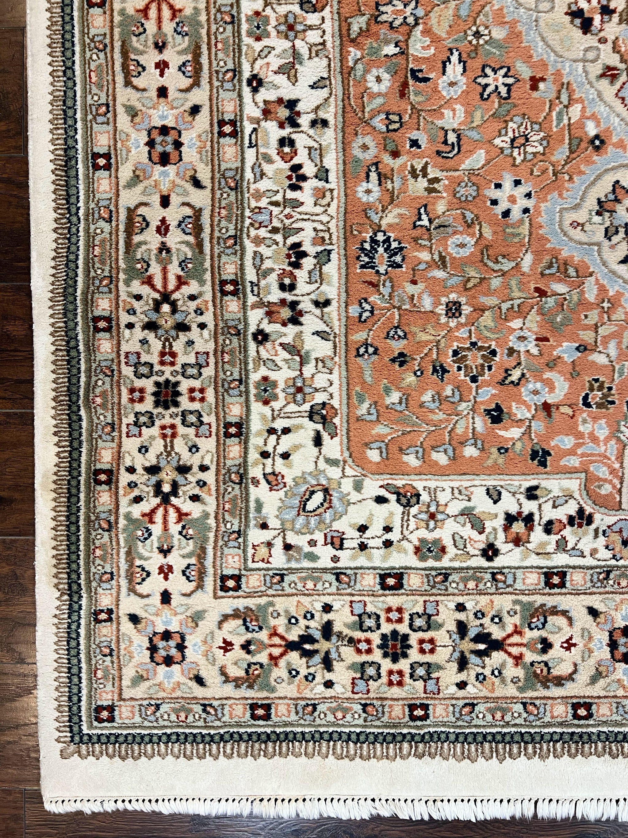 Indo Persian Rug 6x9, Wool Hand Knotted Vintage Carpet, Salmon & Ivory, Traditional Oriental Rug 6 x 9 by Jewel Rugs