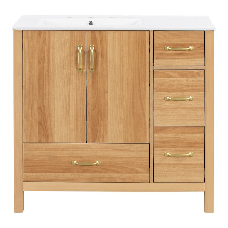 36" Bathroom Vanity, 2 Soft Close Doors, 4 Soft Close Drawers, Adjustable Shelf, Storage Cabinet - Acacia Wood by HouseOfZazla
