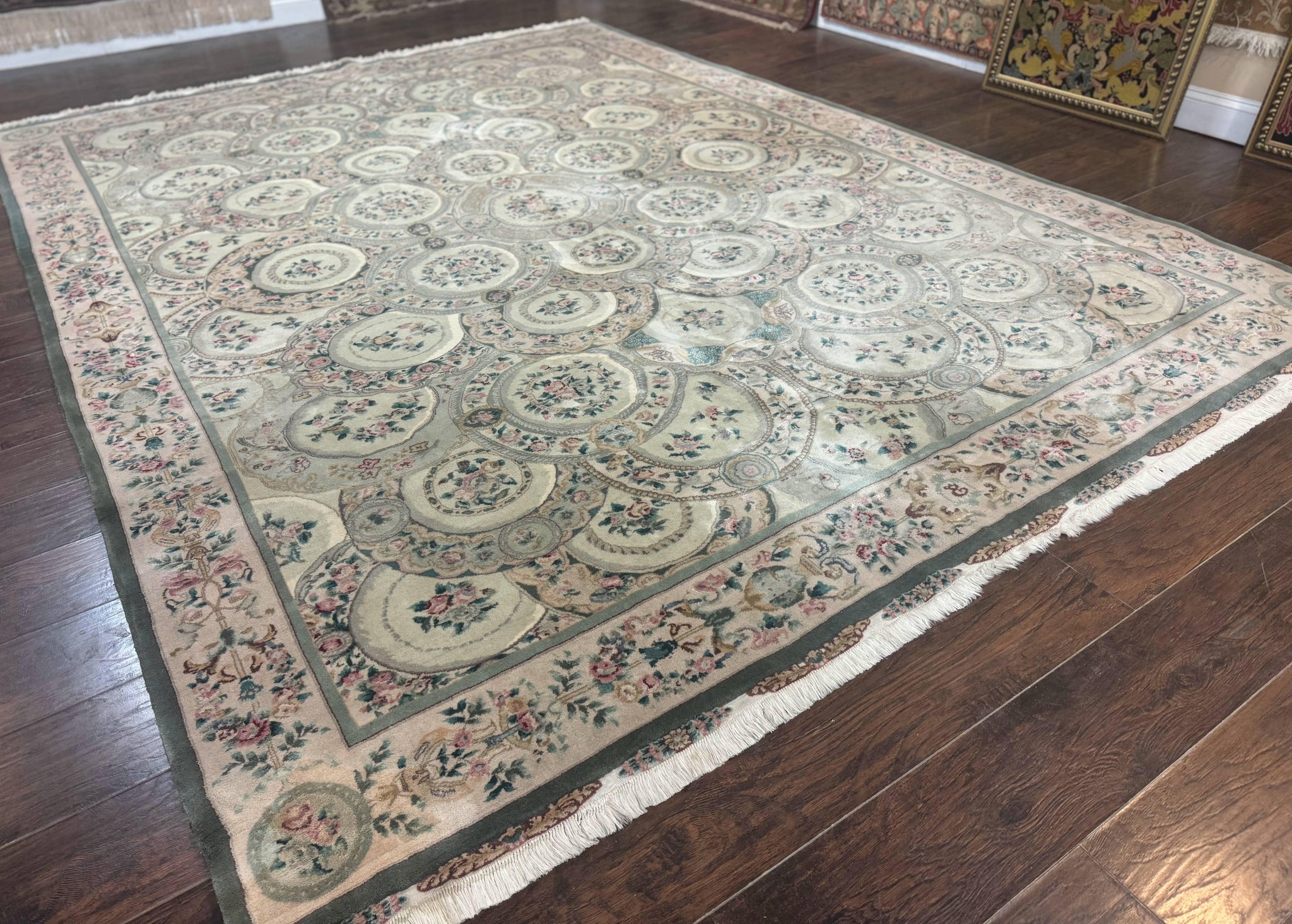 Pak Persian Rug 9x12, Wool with Silk Highlights, European Design, Floral, Green by Jewel Rugs