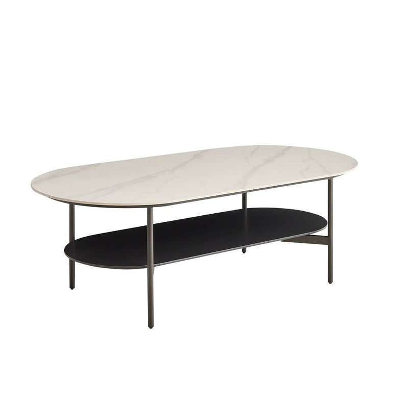 Contemporary Coffee Table Sintered Stone Surface With Ceramic Finish Double Layer Design Base Matte Shelf Modern Living Room Center Table - White / Gray by HouseOfZazla