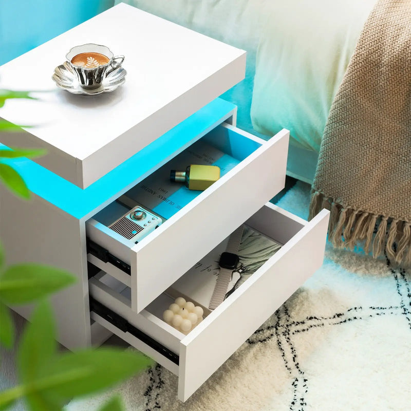 Modern LED Bedside Table Cabinet With Adjustable Lights And 2 Drawers - White by Unique Piece Furniture