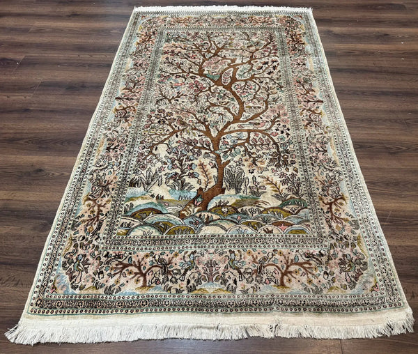Indian Kashmiri Silk Rug 4x7, Tree of Life Design, Very Fine 380 KPSI, Birds, photo 2 of 13