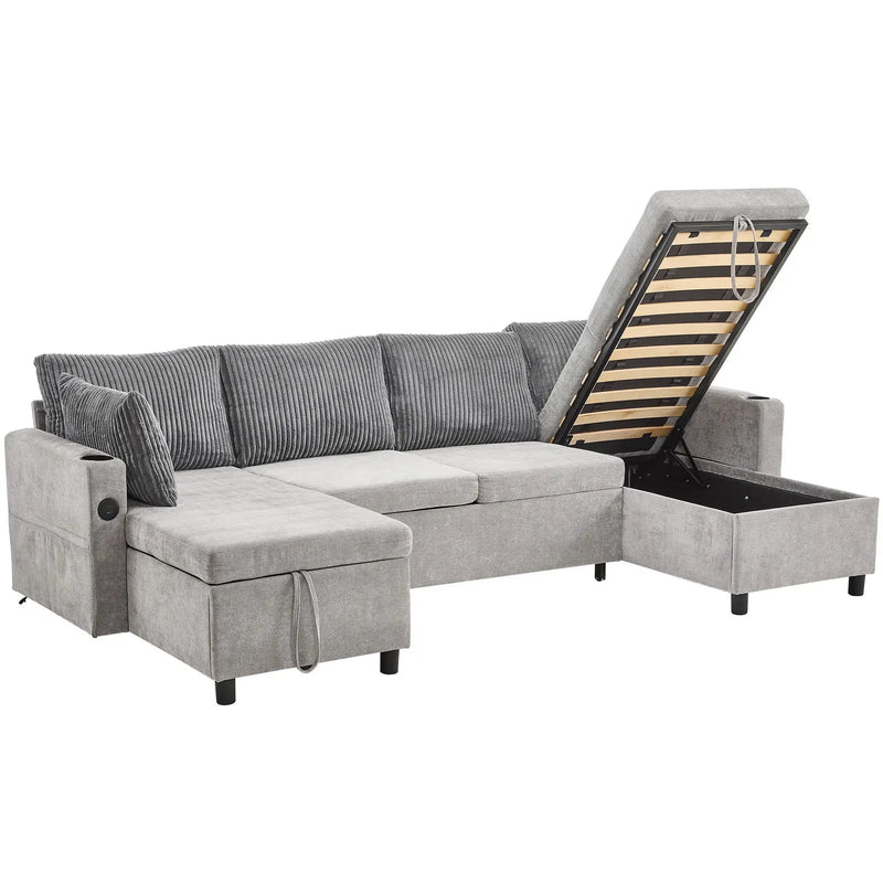 Sectional Sofa Bed With Pull Out Sleeper, USB Ports, Cup Holders by HouseOfZazla