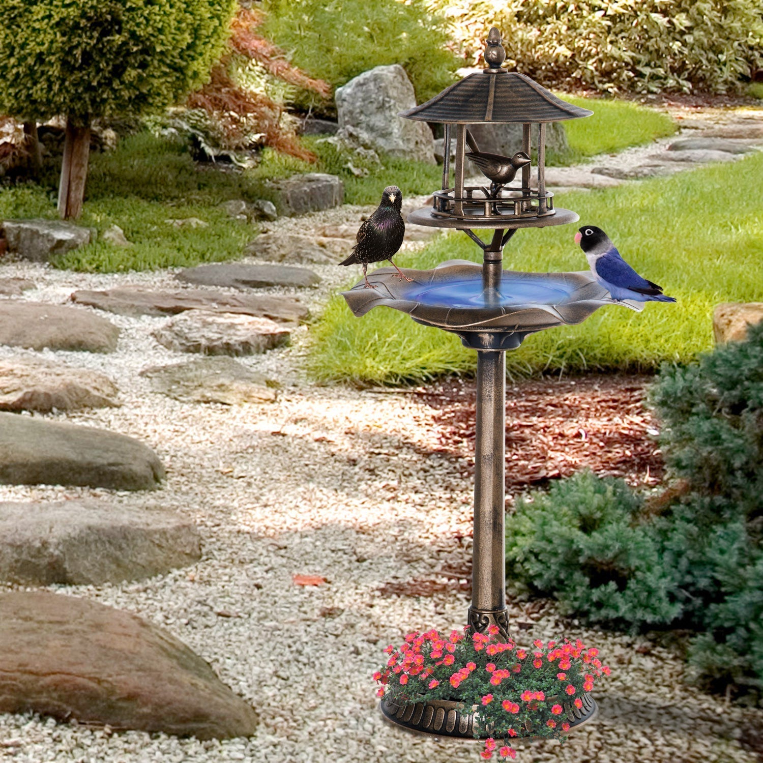 Outsunny 3-in-1 Garden Bird Bath Bowl Pedestal with Bird Feeder and Planter by HouseOfZazla