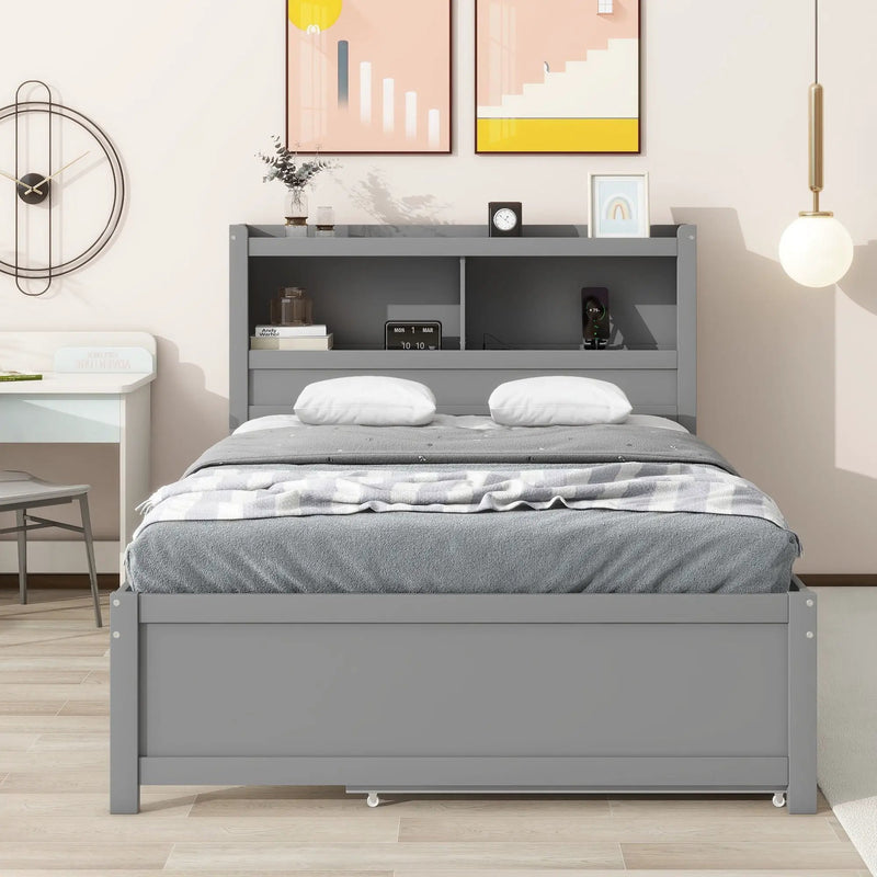 Full Size Platform Bed With Trundle, Drawers, USB Ports And Built In Shelves - Gray by Unique Piece Furniture