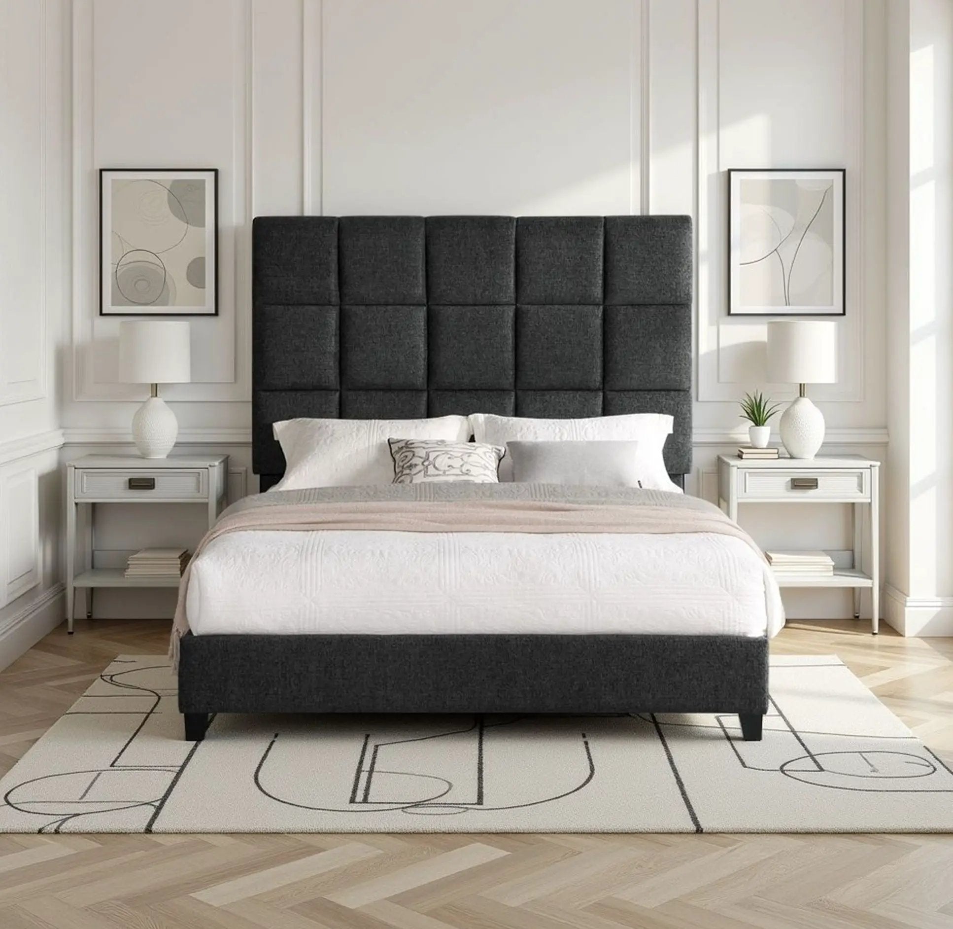 Squares Upholstered Headboard Platform Bed by HouseOfZazla