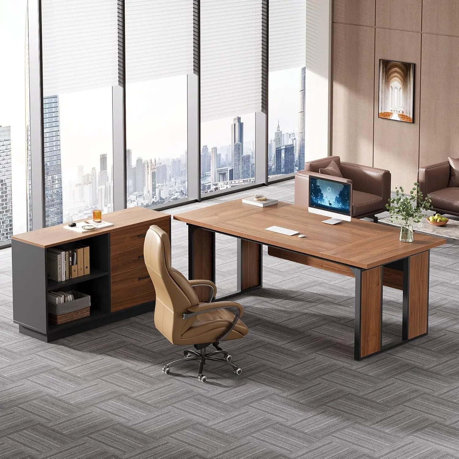 L-Shaped Executive Desk With File Cabinet, Office Computer Desk With Drawers & Open Shelves, Workstation For Home Office - Brown / Black by HouseOfZazla