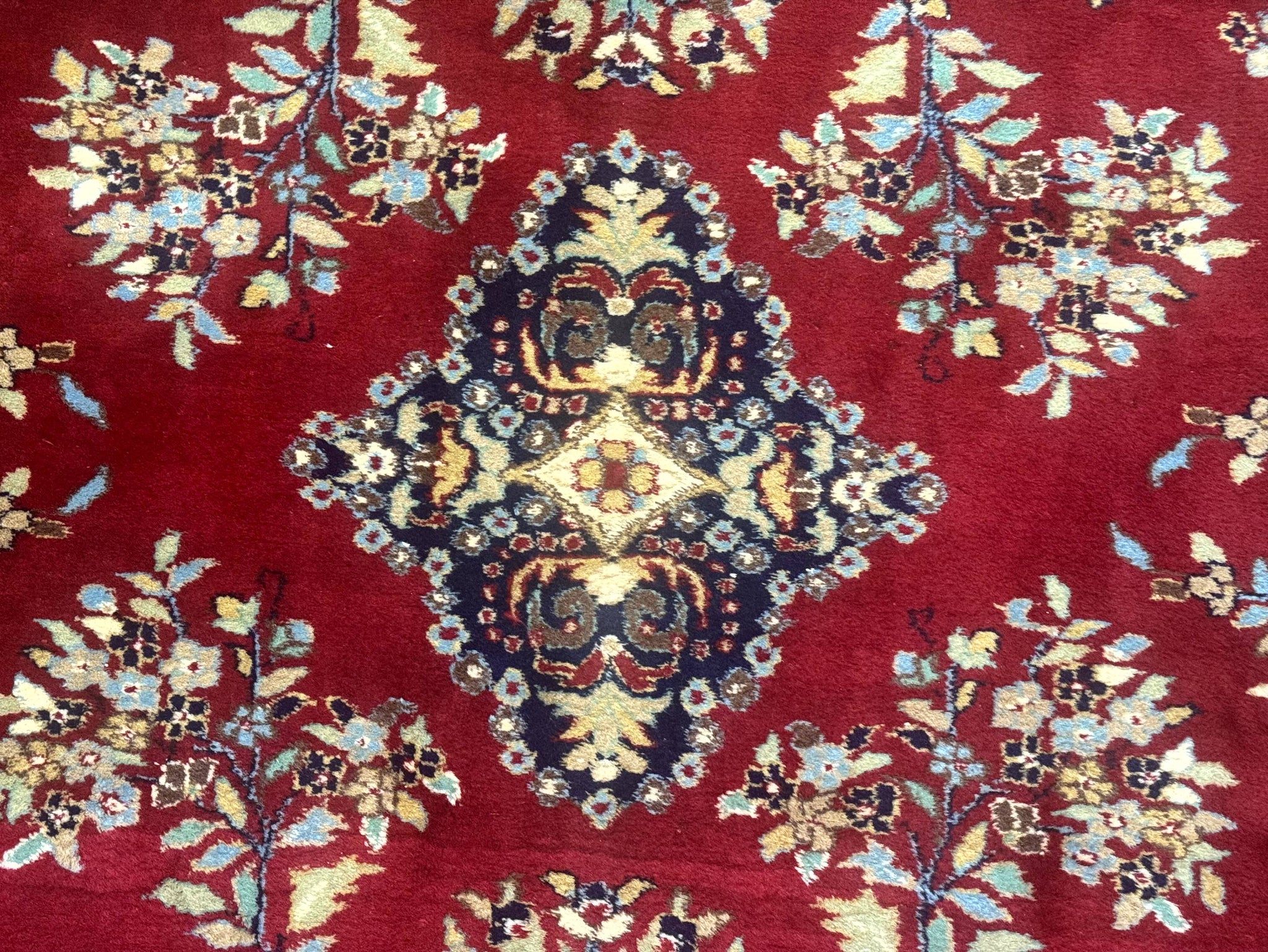 Indo Persian Sarouk Rug 10x14, Large Red and Navy Blue Carpet, Traditional Floral Wool Rug by Jewel Rugs