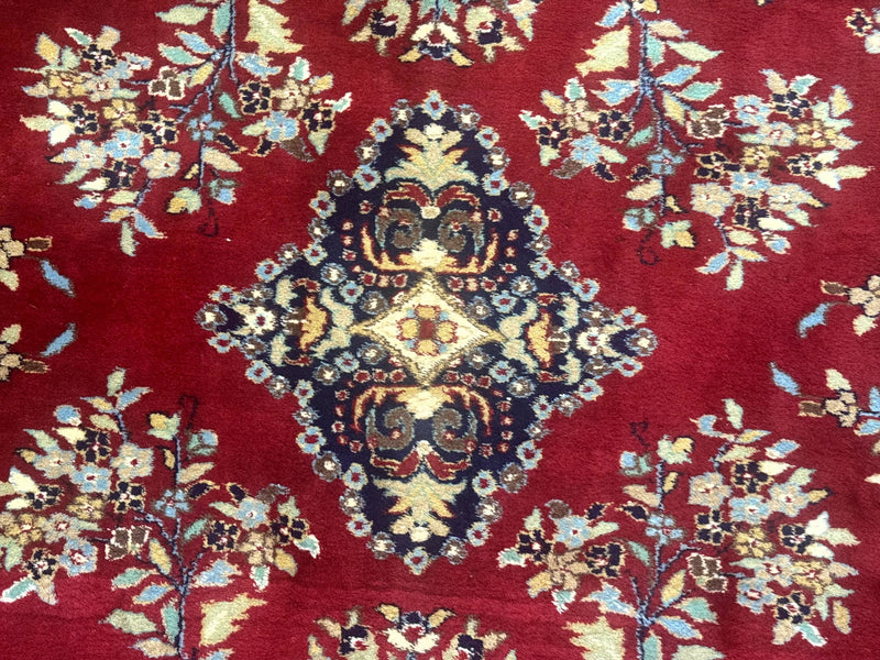 Indo Persian Sarouk Rug 10x14, Large Red and Navy Blue Carpet, Traditional Floral Wool Rug by Jewel Rugs