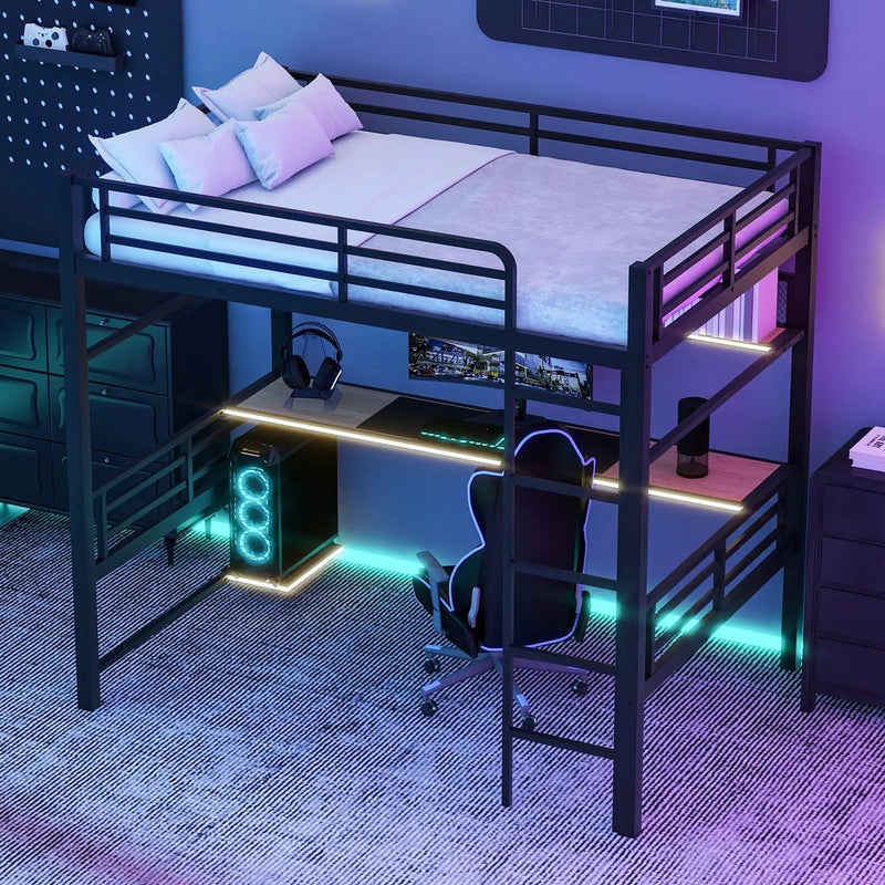 Full Size Loft Bed Frame With Storage Shelf And LED Light - Black by HouseOfZazla