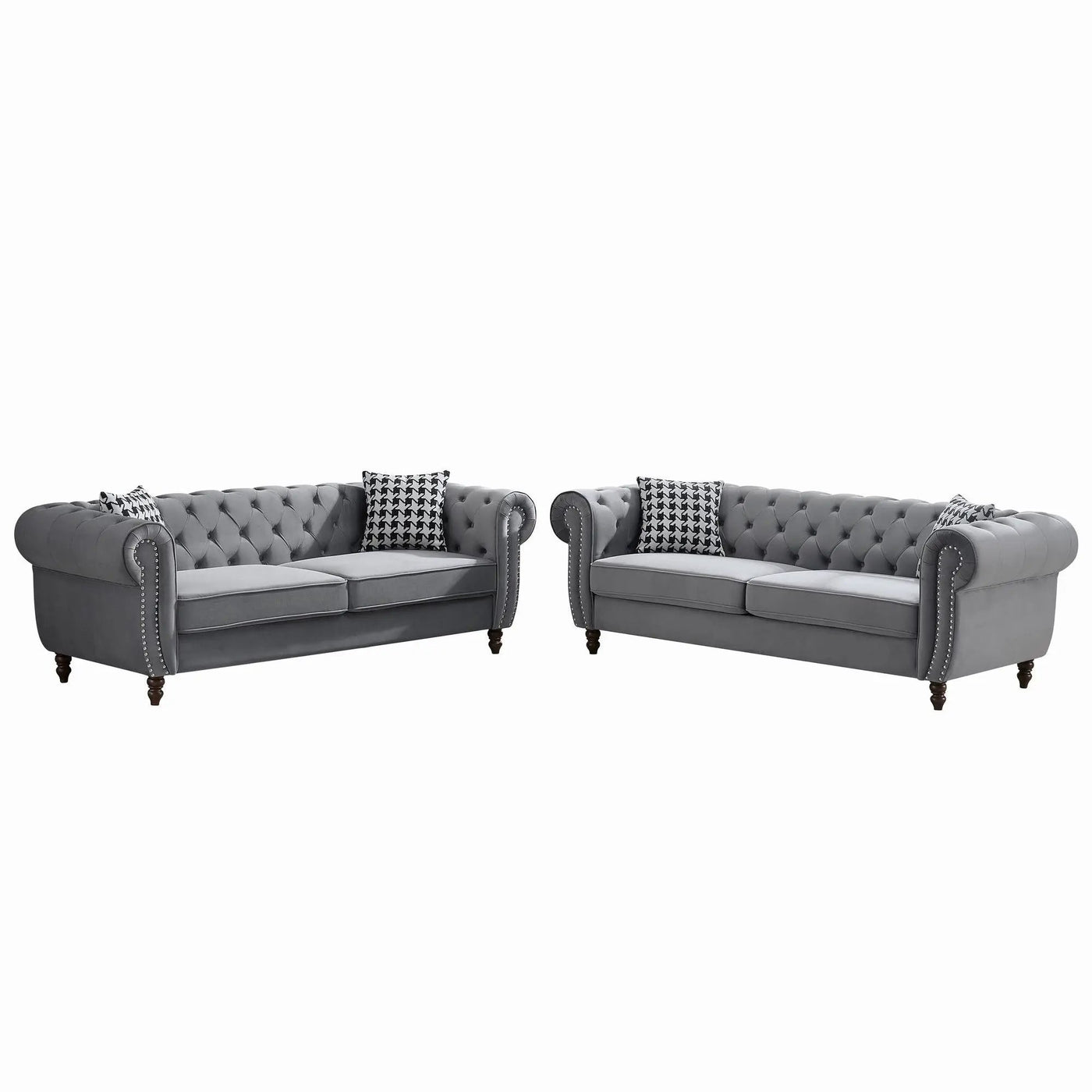 Chesterfield Upholstery Fabric Sofa With Roll Armrest & Nailhead, Mid Century Modern 3 And 3 Seater Couch by Unique Piece Furniture