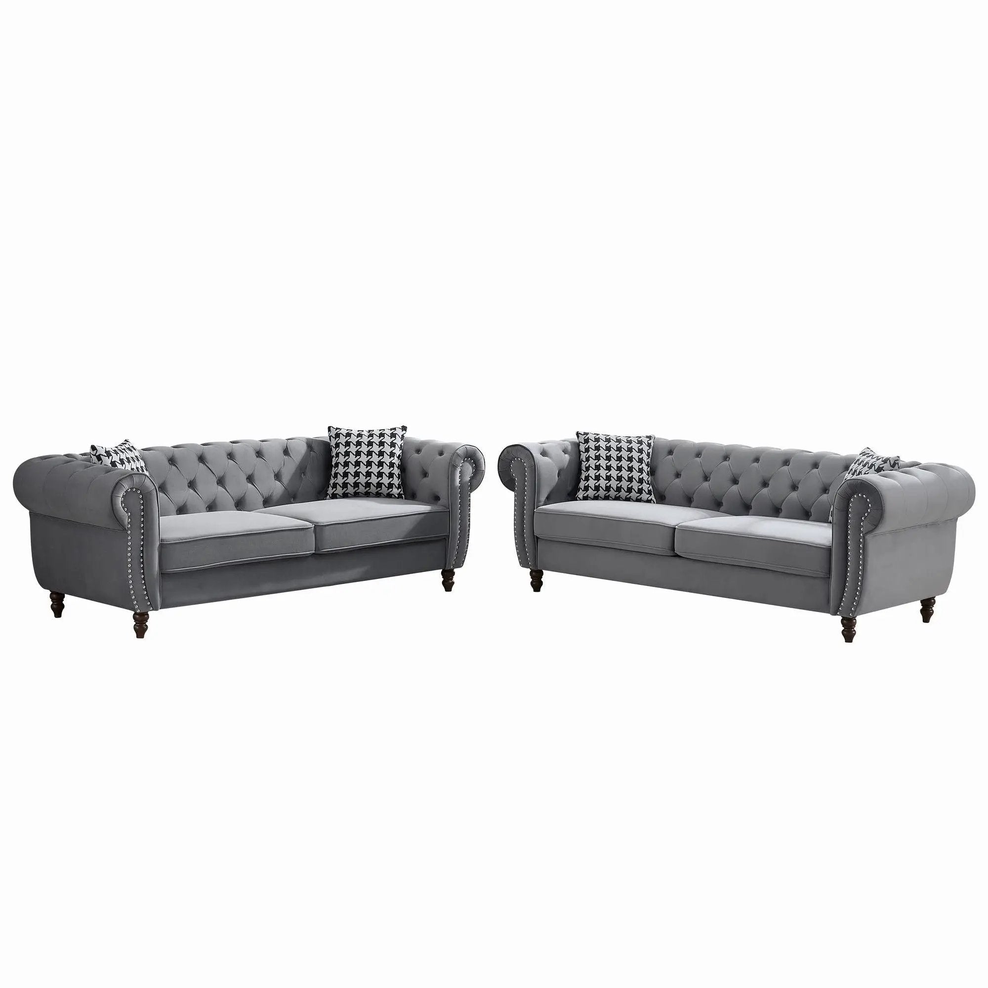 Chesterfield Upholstery Fabric Sofa With Roll Armrest & Nailhead, Mid Century Modern 3 And 3 Seater Couch by HouseOfZazla