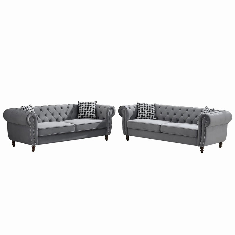 Chesterfield Upholstery Fabric Sofa With Roll Armrest & Nailhead, Mid Century Modern 3 And 3 Seater Couch by HouseOfZazla