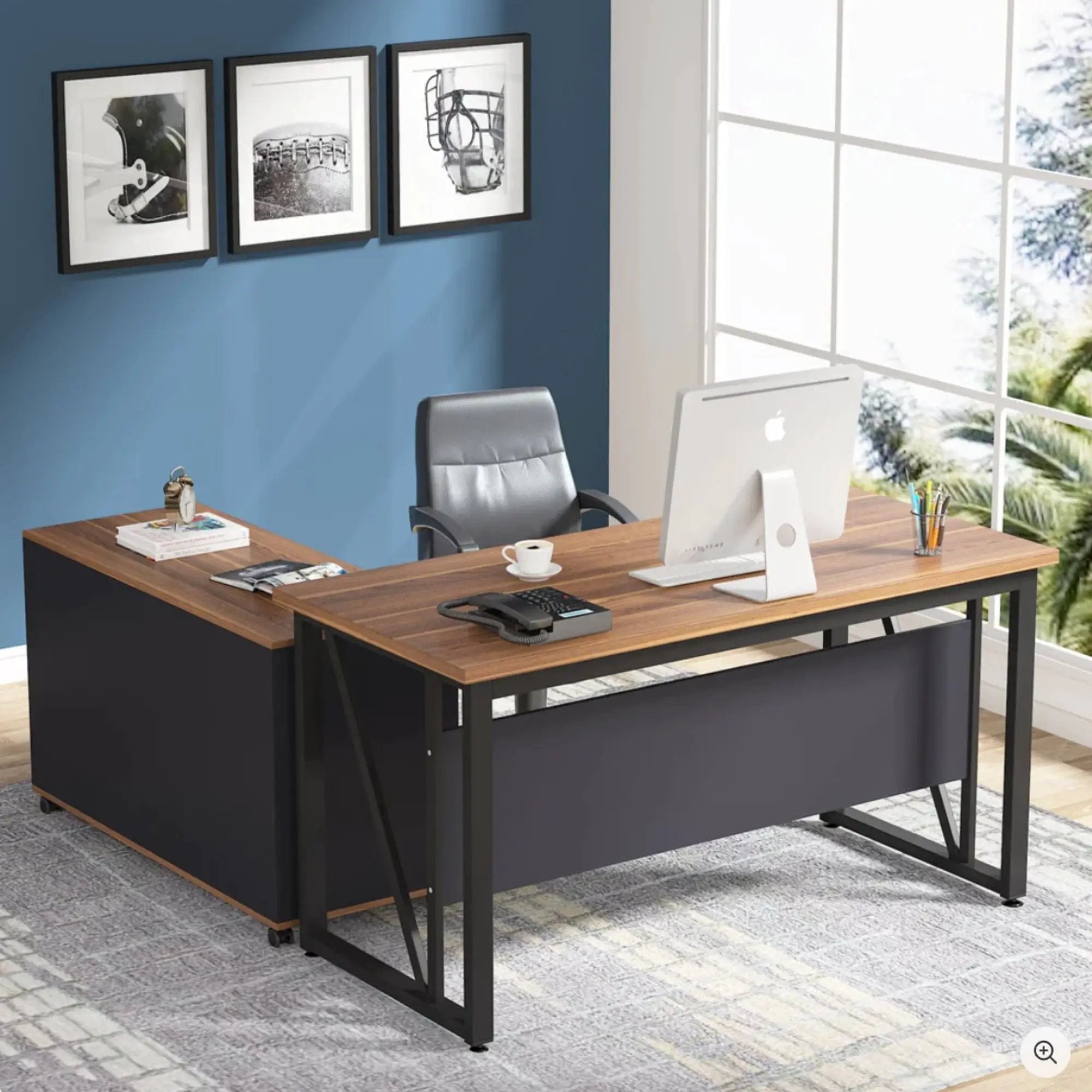 L-Shaped Executive Desk With Mobile File Cabinet, Large Home Office Workstation With Drawers And Shelves - Brown / Black by HouseOfZazla