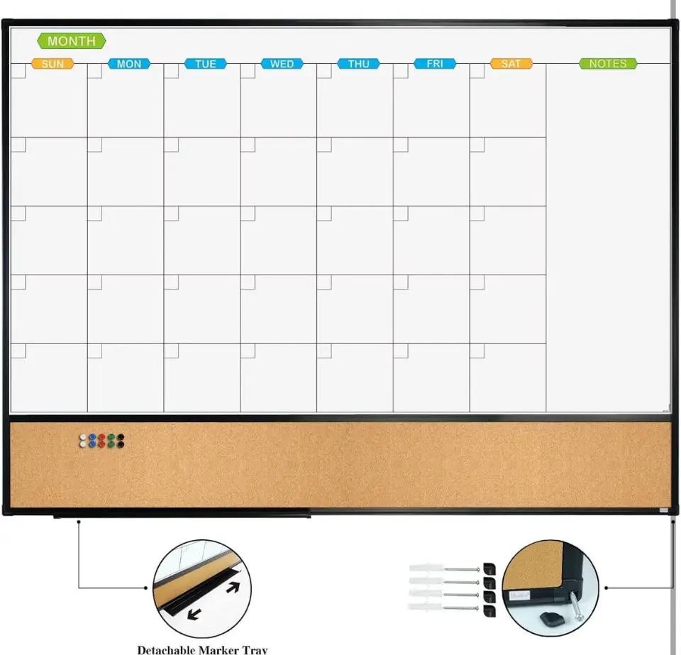 JILoffice Magnetic Calendar Whiteboard & Bulletin Corkboard Combination, Combo Board 48 × 36 Inch, Black Aluminum Frame Wall Mounted Board for Office Home and School with 10 Push Pins by Selzalot