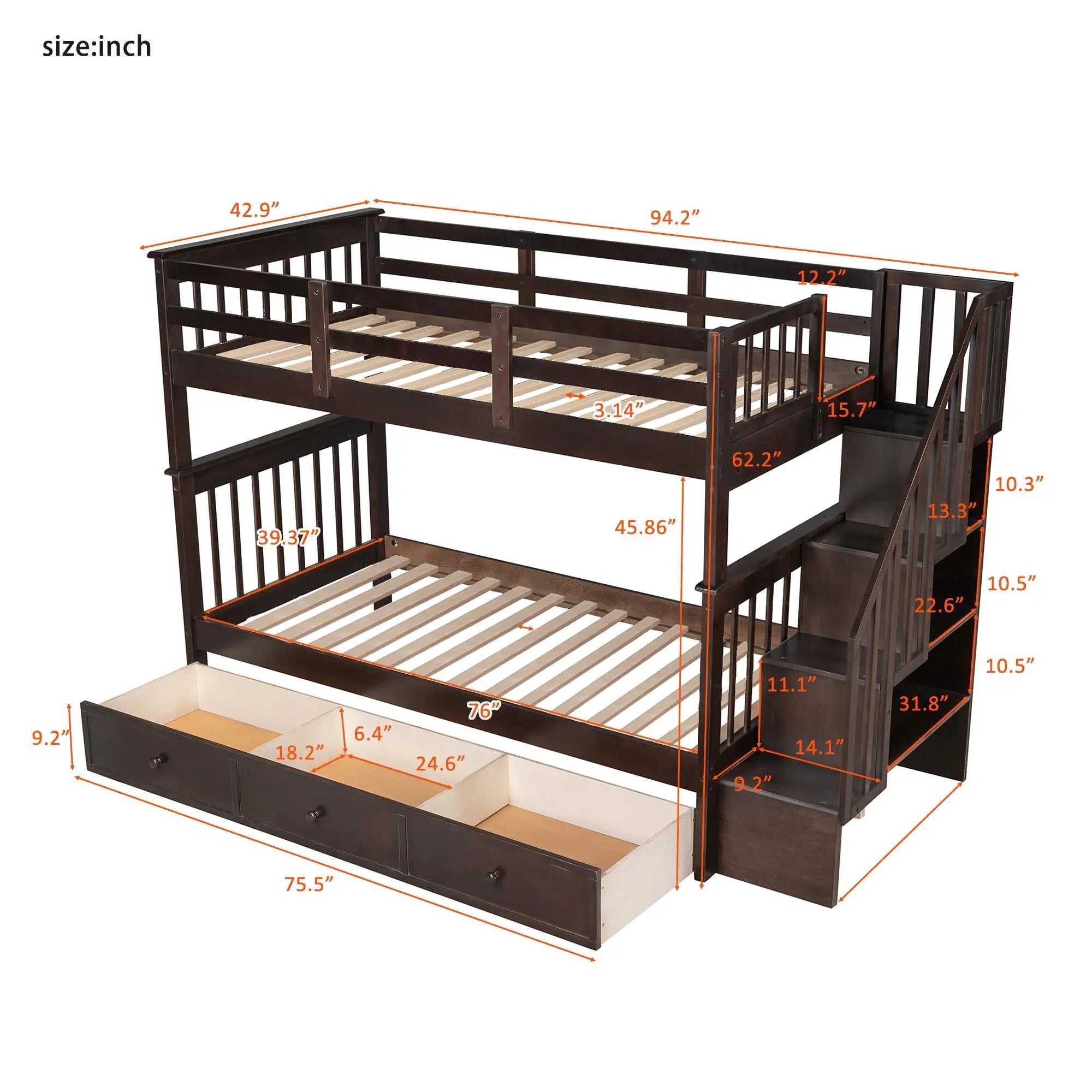 Stairway Bunk Bed With Storage And Guard Rail For Bedroom by HouseOfZazla