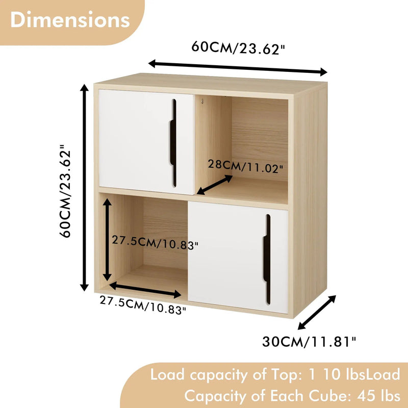Storage Cabinet With Sliding Doors, 2 Tier Open And Closed Shelves Organizer - Natural / White by HouseOfZazla