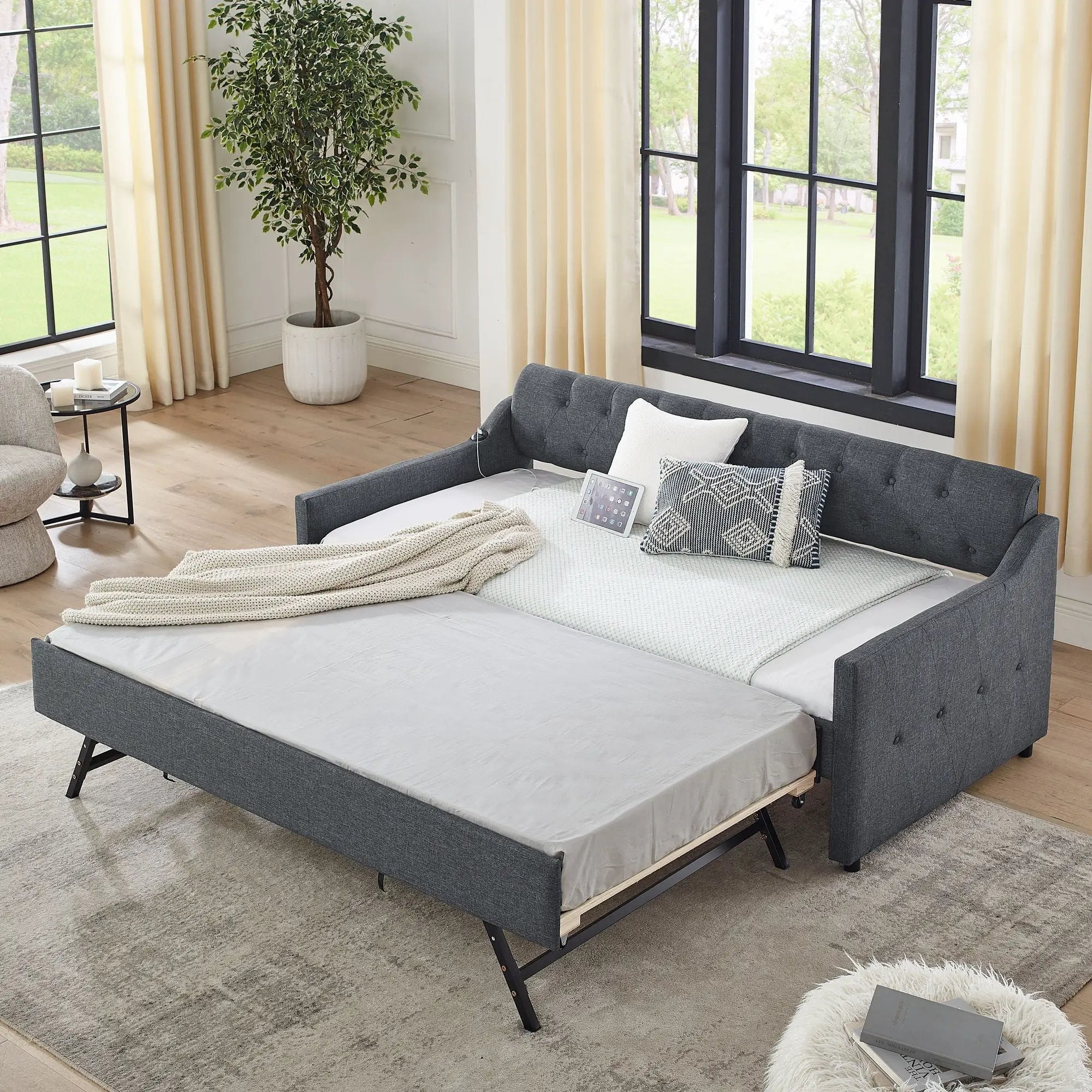 Size Upholstered Daybed With Trundle And USB Charging Armrest by Unique Piece Furniture